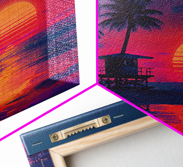 Tropical Neon Sunset Beach Canvas Print, Retro Coastal Wall Art, Palm Tree Ocean Decor Vibrant Living Room Wall Art