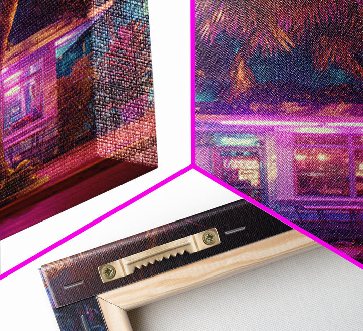 Neon Palm Tree Diner Night Scene Wall Art, Retro Tropical City Photography Canvas Print For Modern Urban Home Decor