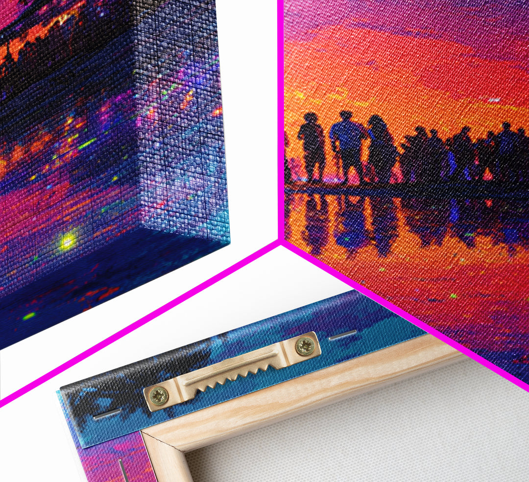 Neon Beach Sunset Party Wall Art, Colorful Coastal Canvas Print, Retro Futuristic Ocean Art, Summer Vibes Living Room Decor