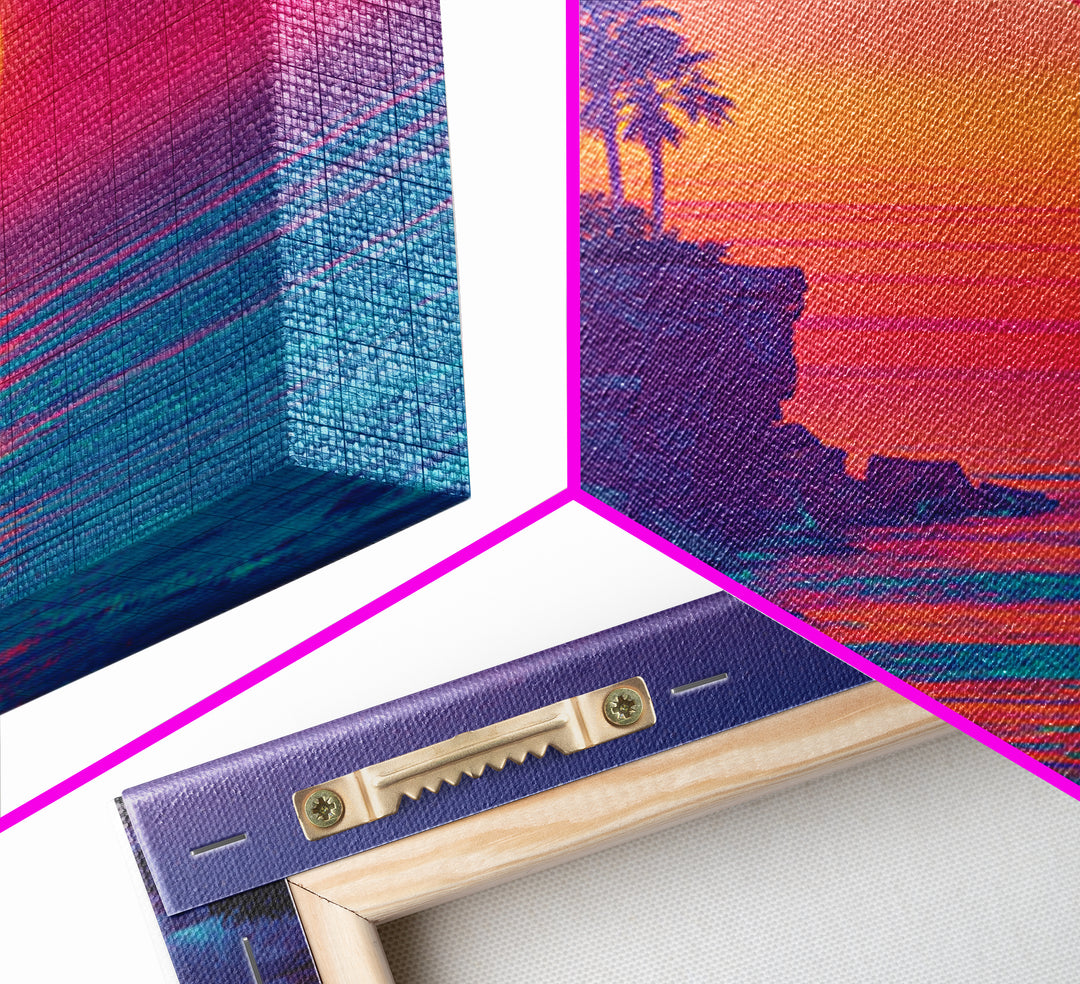 Neon Tropical Sunset Cliff Wall Art, Retro Coastal Ocean Canvas Print For Modern Coastal Decor And Vibrant Living Room
