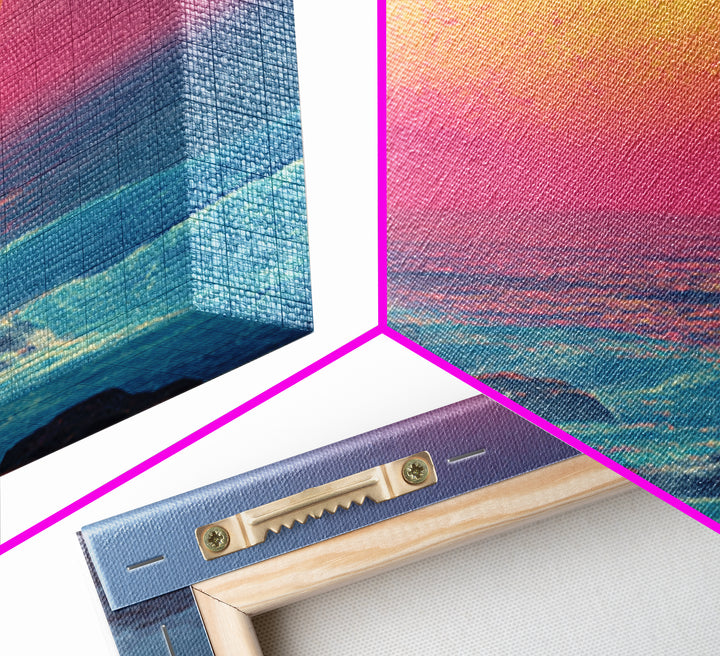 Surreal Neon Moon Over Ocean Cliff Painting Wall Art, Colorful Fantasy Seascape Print, Modern Coastal Abstract Decor