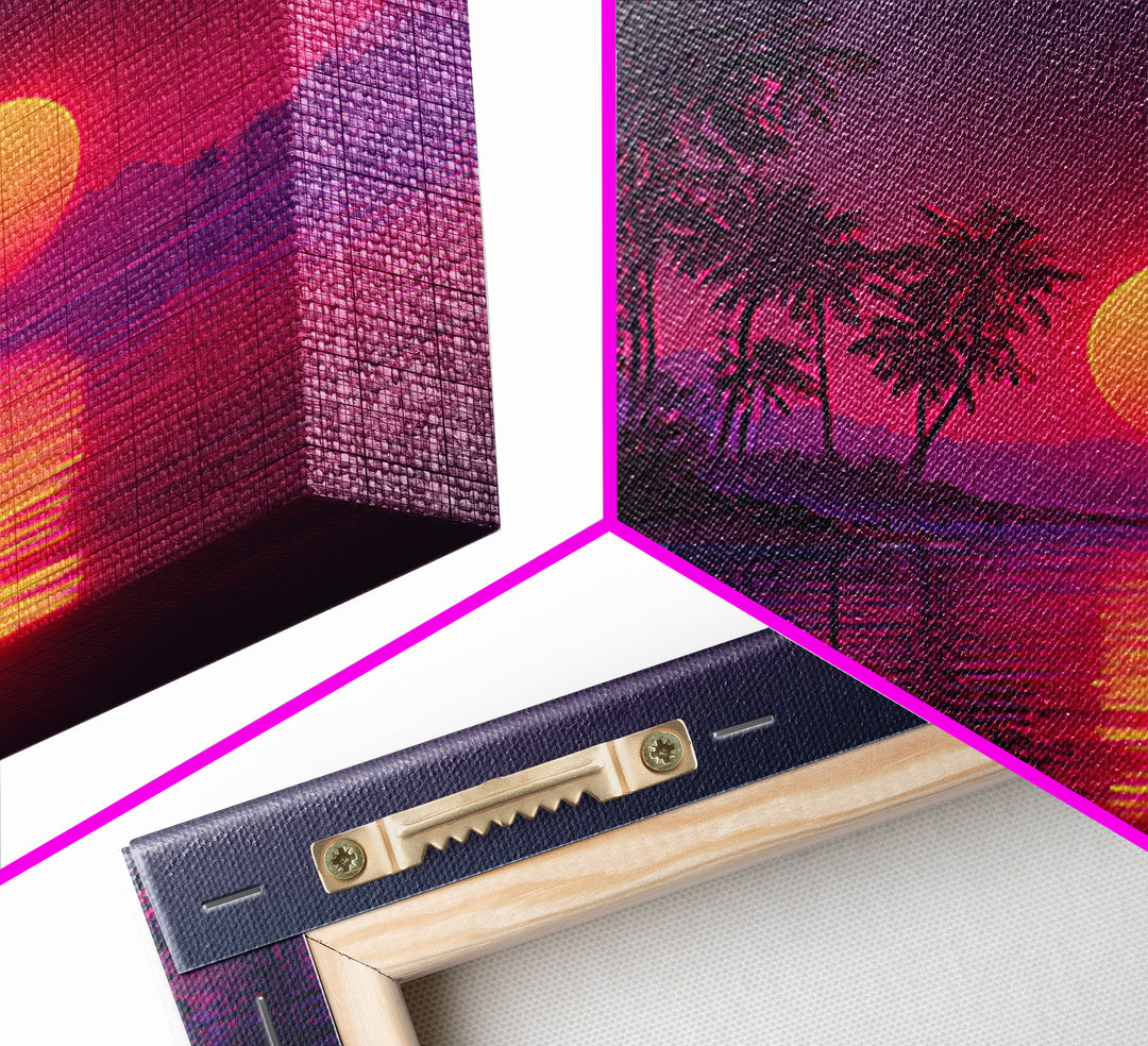 Neon Tropical Sunset Palm Tree Beach Wall Art, Vibrant Retro Coastal Landscape Canvas Print Home Decor