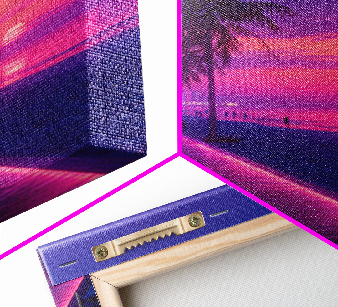 Neon Pink Boardwalk Beach Sunset Wall Art Retro Coastal Vibes Colorful Modern Home Decor Large Canvas Print Living Room Wall Art