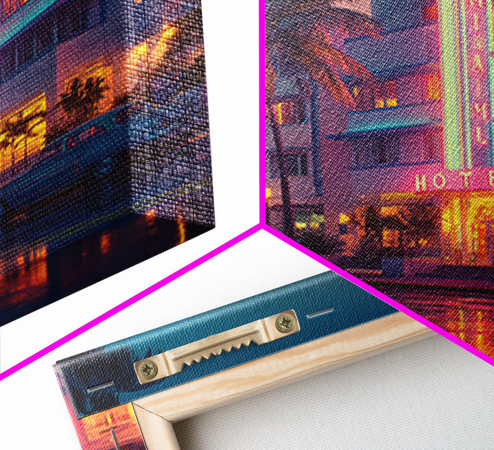 Miami Art Deco Hotel Night Cityscape Wall Art, Neon Coastal Canvas Print, Retro Urban Home Decor For Living Room