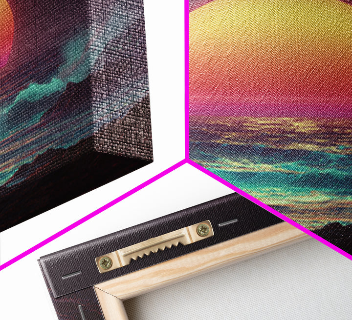 Vibrant Neon Ocean Sunset Waves Night Sky Wall Art Canvas Print Modern Coastal Decor Beach House Living Room Wall Art