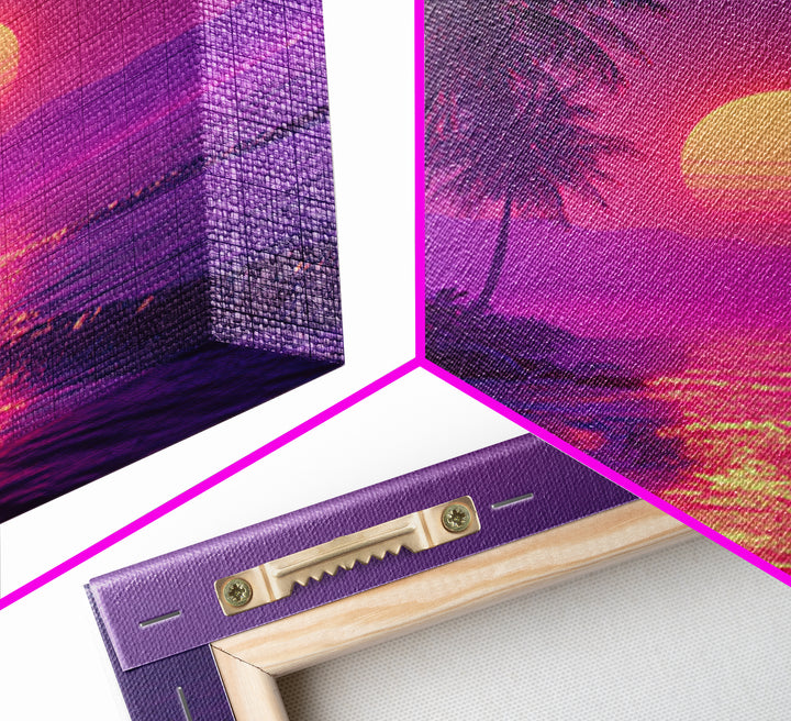 Neon Tropical Beach Sunset Wall Art, Vaporwave Palm Trees Canvas Print, Coastal Retro Ocean Art For Bedroom Or Living Room Decor