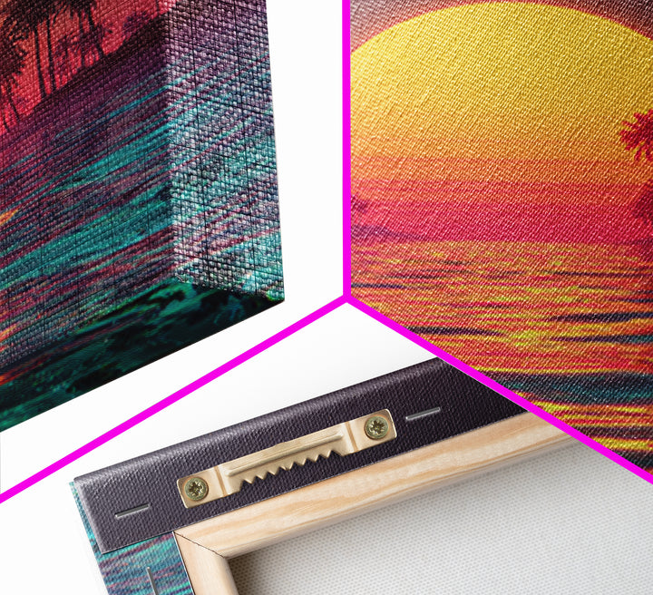 Neon Sunset Palm Beach Wall Art For Coastal Home Decor, Retro Tropical Ocean Canvas Print, Modern Coastal Wall Art