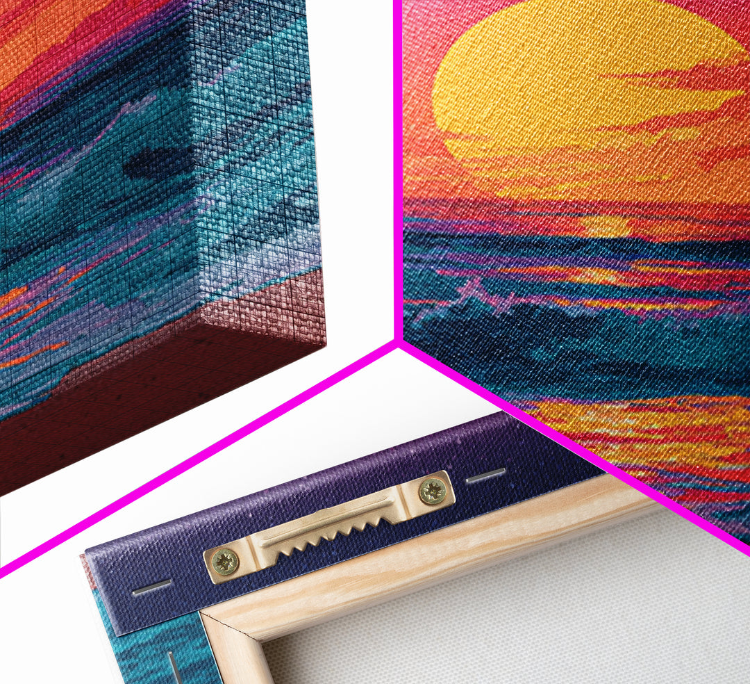 Colorful Ocean Sunset Waves Wall Art, Retro Beach Canvas Print, Modern Coastal Decor, Vibrant Seascape Living Room Art