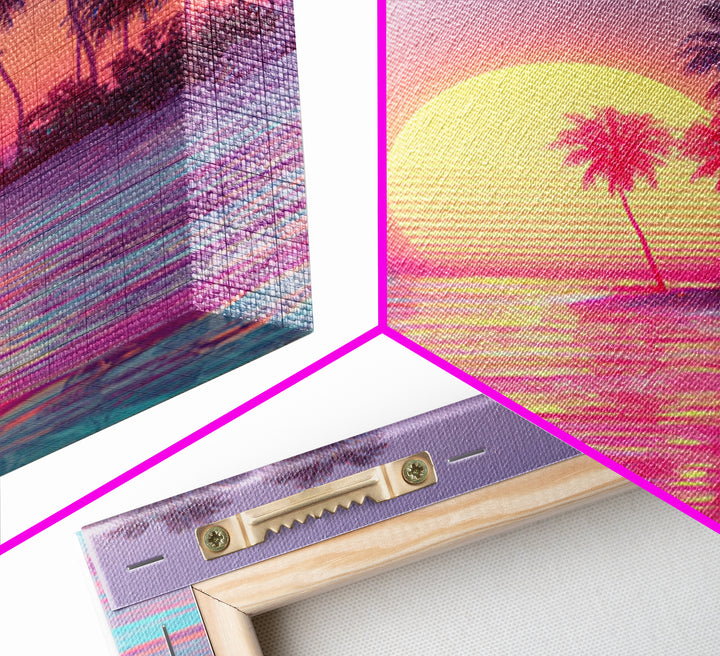 Dreamy Tropical Palm Trees Pink Sunset Beach Canvas Print, Coastal Wall Art, Vaporwave Ocean Decor, Pastel Summer Poster