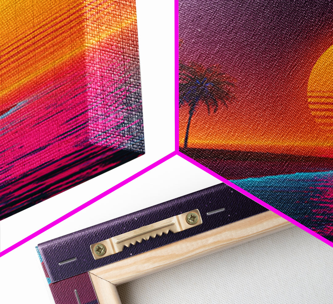 Neon Island Sunset Palm Tree Canvas Print, Retro Tropical Beach Wall Art, Bold Synthwave Coastal Decor, Colorful Bedroom Wall Art