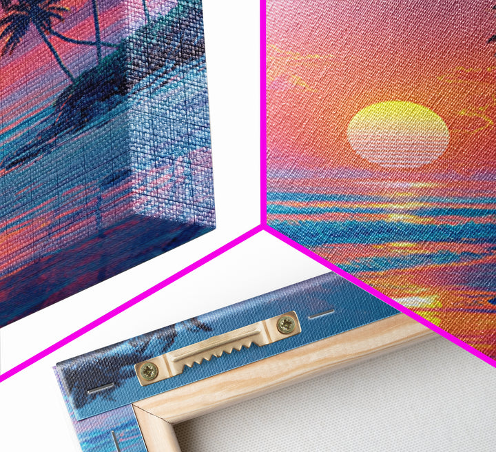 Dreamy Tropical Beach Sunset With Palms Wall Art, Pastel Coastal Canvas Print For Relaxing Modern Home Decor