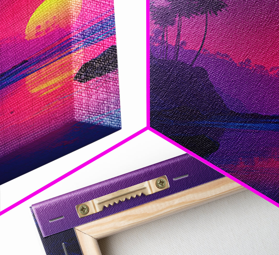 Neon Sunset Tropical Beach Wall Art, Vibrant Palm Tree Coastal Canvas Print For Modern Coastal Home And Bedroom Decor