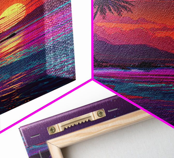 Neon Tropical Beach Sunset Wall Art, Vibrant Ocean Landscape Canvas Print, Retro Coastal Decor, Modern Living Room Wall Decor