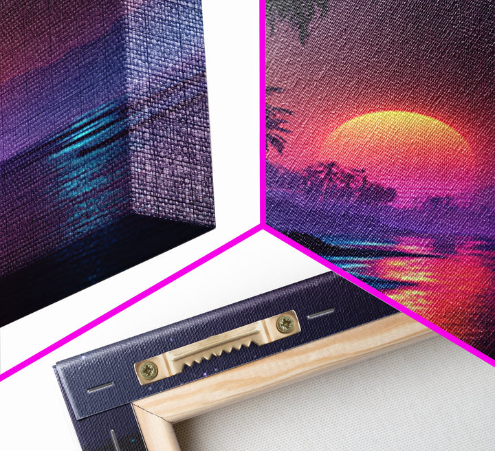 Neon Tropical Beach Sunset Wall Art, Retro Coastal Palm Tree Canvas Print, Vibrant Ocean Night Sky Home Decor