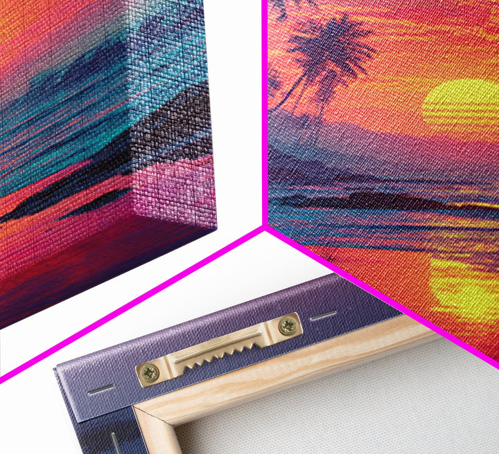 Tropical Pink Sunset Beach Wall Art, Palm Tree Coastal Ocean Canvas Print For Modern Coastal Decor And Bedroom Wall