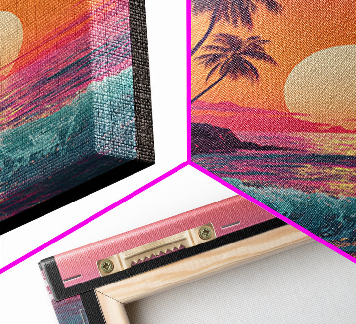 Retro Tropical Sunset Wall Art, Pink And Orange Beach Canvas Print, Aesthetic Coastal Decor For Bedroom