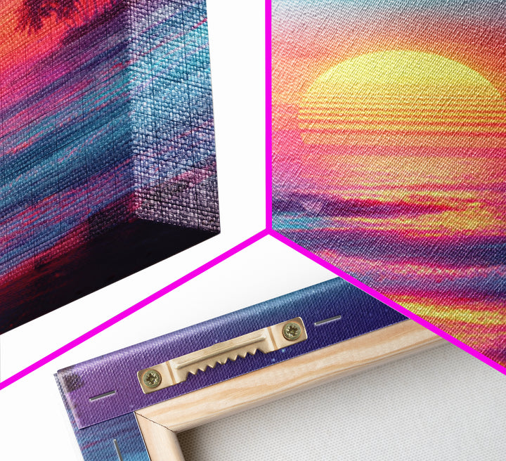Neon Tropical Sunset Beach Wall Art, Retro Ocean Landscape Canvas Print, Coastal Home Decor, Modern Abstract Seascape