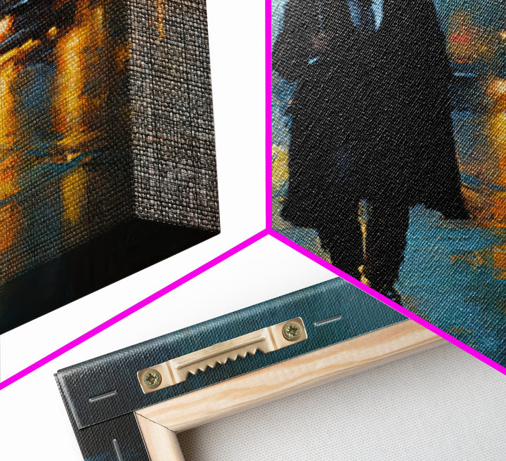 Noir Gentleman With Umbrella In Rainy City Wall Art, Moody Oil Painting Print, Dark Academia Office Decor, Gift For Him