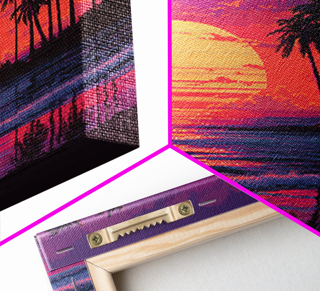 Pixel Art Tropical Sunset Beach Wall Art, Retro 8 Bit Palm Landscape Canvas Print, Colorful Gaming Room Decor