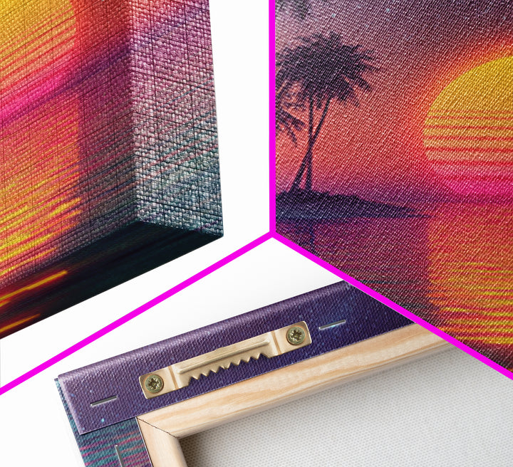 Neon Tropical Beach Palm Trees Retro Sunset Night Sky Wall Art Canvas Print Coastal Decor Bedroom Living Room Wall Art