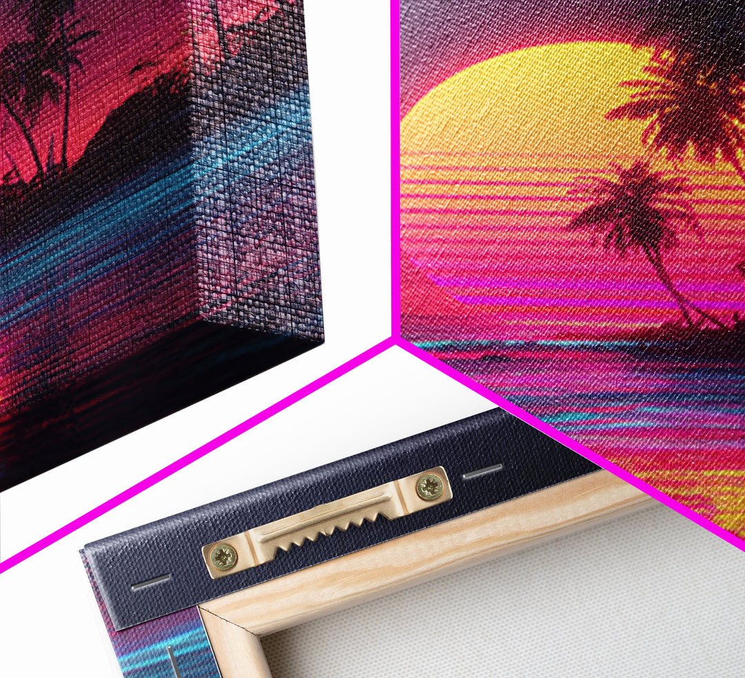 Neon Tropical Beach Sunset With Palms Wall Art, Retro Vaporwave Ocean Night Sky Canvas Print