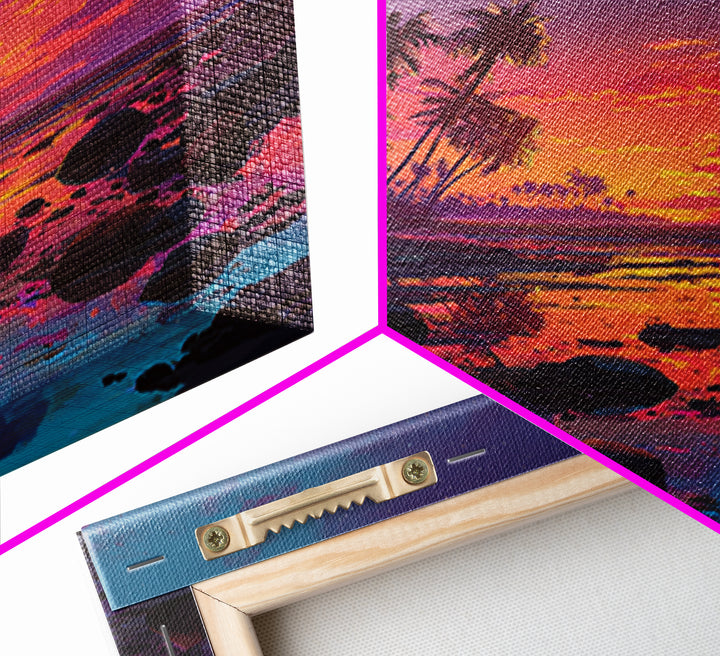 Serene Tropical Sunset With Palm Trees Reflection Over Water Vibrant Wall Art Framed Canvas Print For Coastal Home Decor