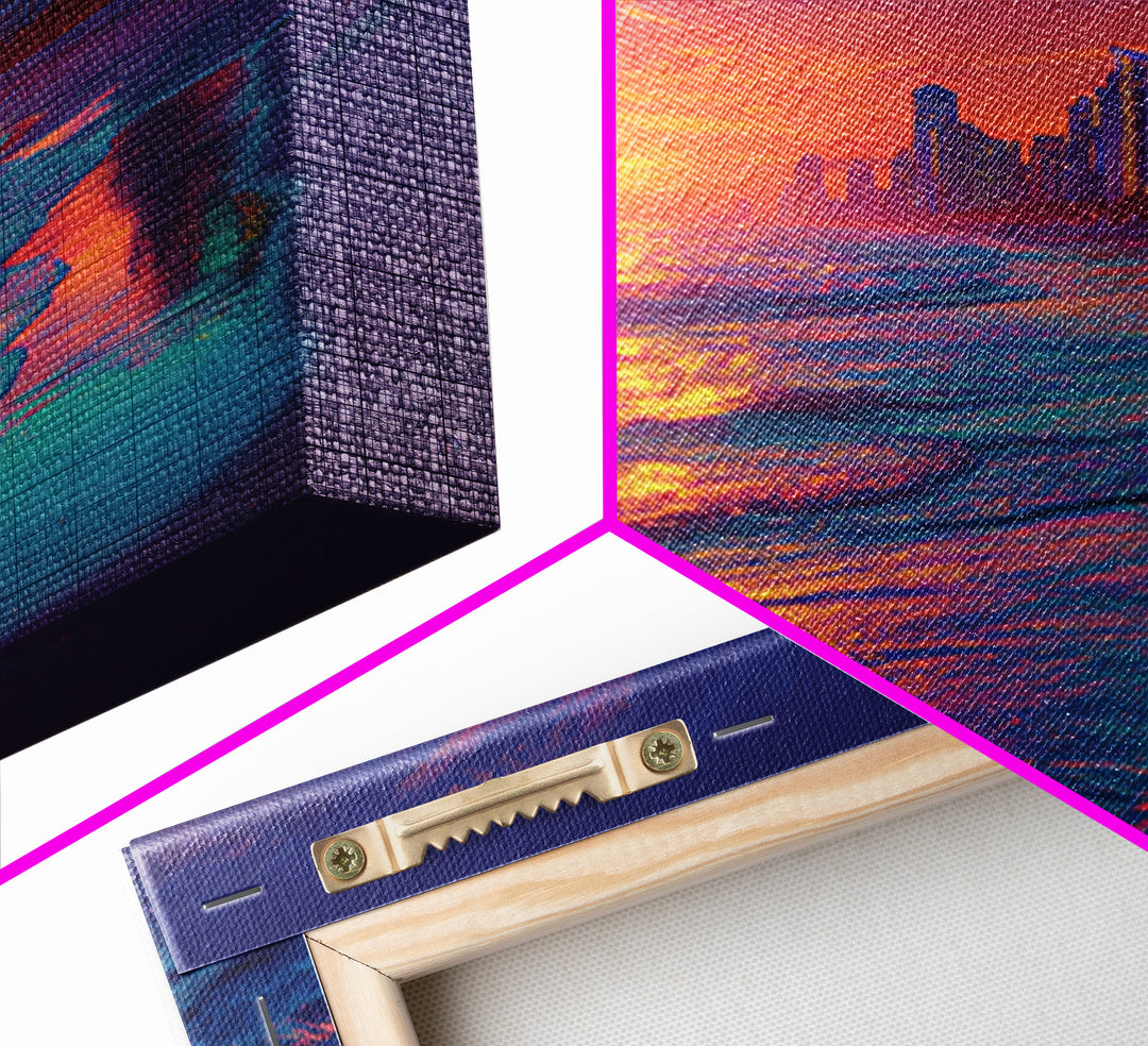 Vibrant City Beach Sunset Skyline Canvas Print, Colorful Coastal Wall Art, Modern Ocean Painting Living Room Home Decor