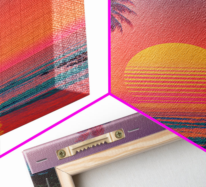 Retro Tropical Sunset Beach With Palm Trees Neon Wall Art, Colorful Coastal Canvas Print, Summer Room Decor