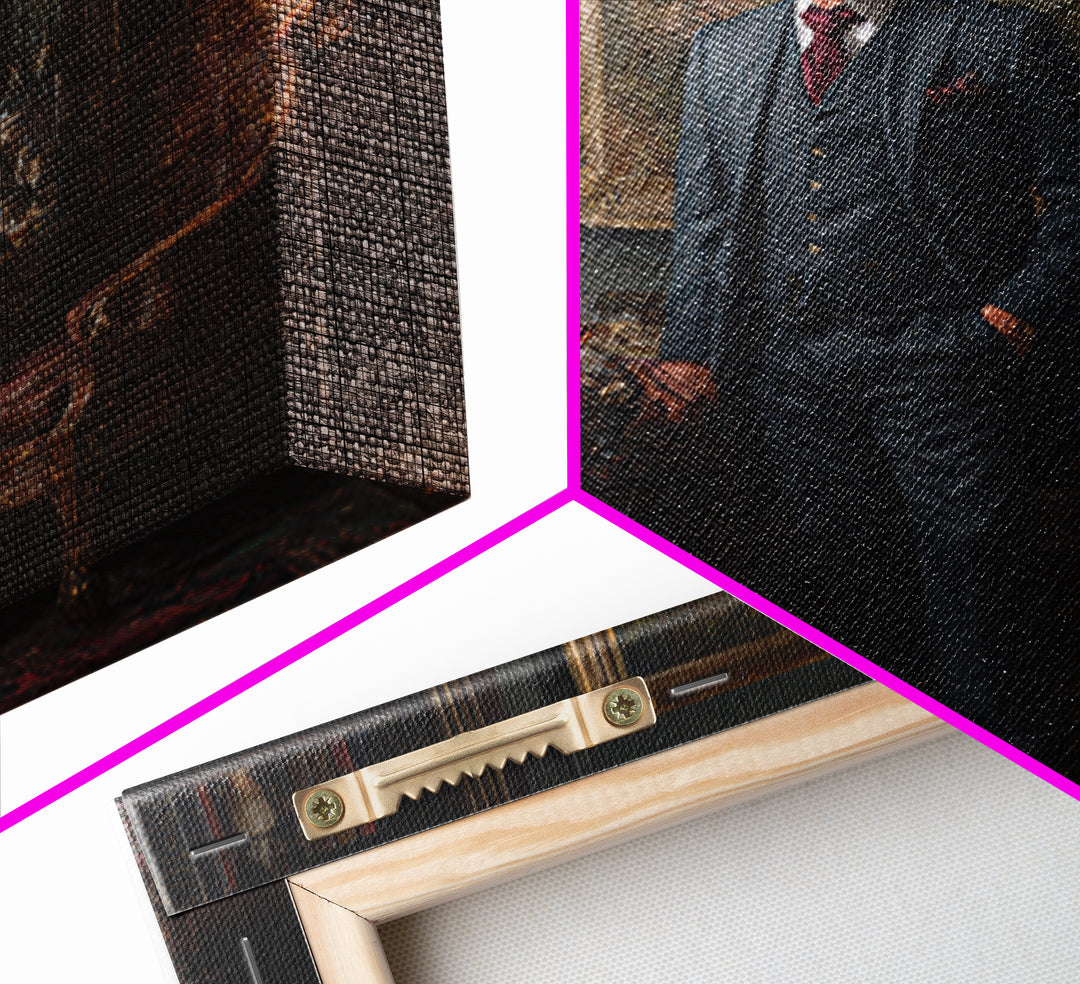 Dapper Gentleman In Antique Study Framed Canvas Print, Moody Portrait Oil Painting, Masculine Office Decor, Dark Academia Art