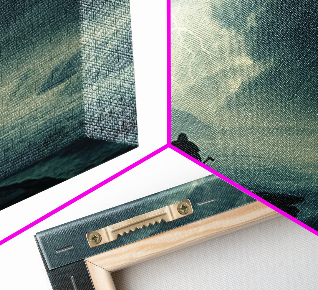 Lone Viking Facing Lightning Over Stormy Sea Wall Art, Dark Seascape Art, Fantasy Wall Decor, Moody Coastal Decor, Gift For Him