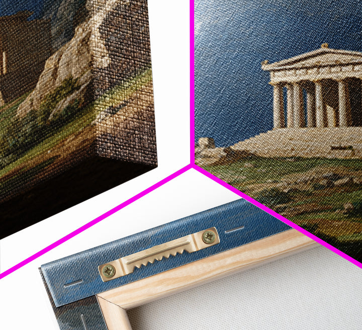Classical Greek Temple On Rocky Hill Canvas Print, Ancient Architecture Wall Art, Mediterranean Landscape, Elegant Home Decor
