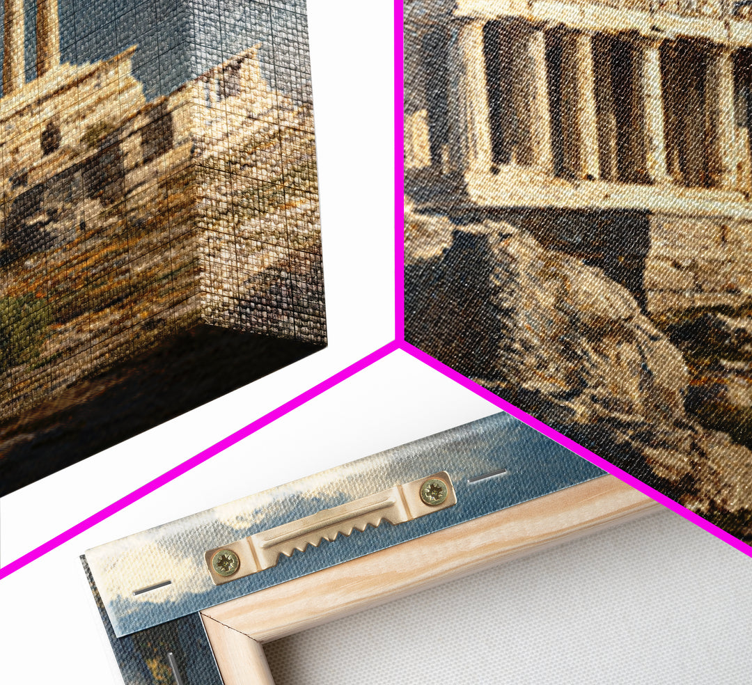 Sunlit Greek Temple On Rocky Acropolis Wall Art, Classical Architecture Oil Painting, Ancient Greece Decor, Fine Art Print