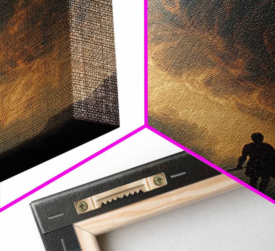 Warrior Beneath Golden Storm Clouds Canvas Print, Epic Fantasy Landscape Painting, Dramatic Wall Decor For Men, Living Room Decor