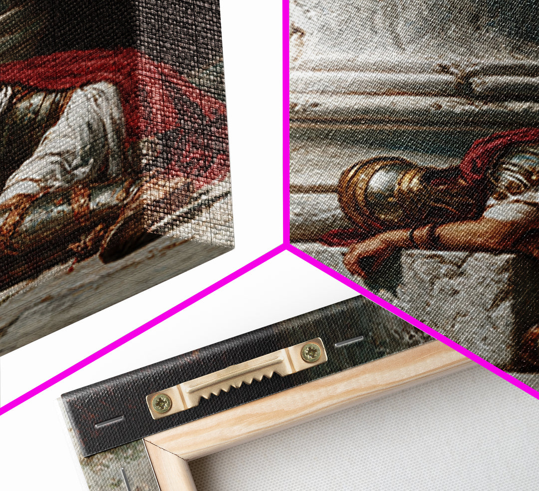 Fallen Roman Soldier Beside Marble Column, Classical Framed Canvas Print, Historical Wall Art, Ancient Rome Decor, Museum Style