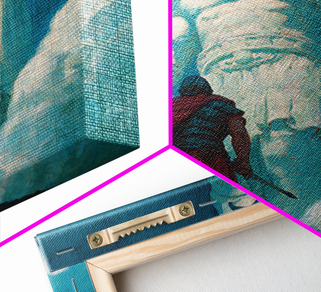 Hero Before Colossal Ancient Statue Framed Canvas Print, Fantasy Wall Art, Mythological Art, Blue Wall Decor, Gift For Him