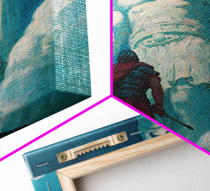 Hero Before Colossal Ancient Statue Framed Canvas Print, Fantasy Wall Art, Mythological Art, Blue Wall Decor, Gift For Him