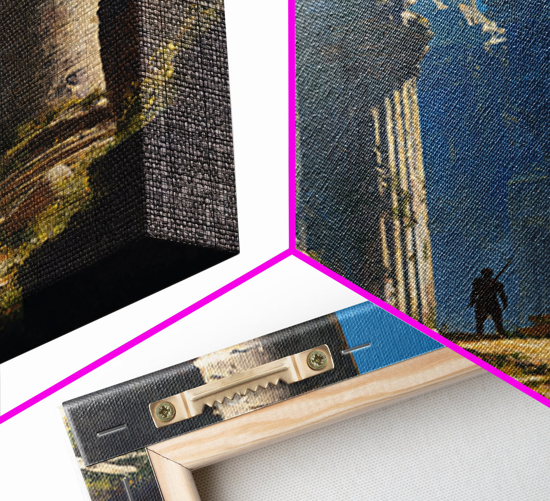 Lone Explorer In Ancient Ruins Wall Art, Fantasy Temple Landscape Painting, Dramatic Architecture Decor, Adventure Gift Idea