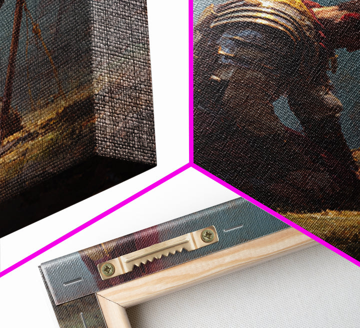 Kneeling Knight With Battle Standard Framed Canvas Print, Medieval Warrior Oil Painting, Dark Academia Wall Decor, Gift For Him