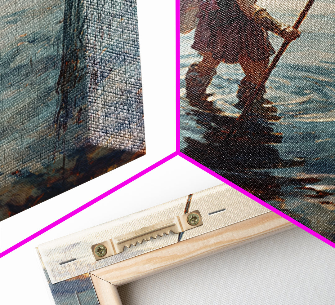 Solitary Warrior Wading Through Water Wall Art, Roman Spearman Landscape, Coastal Blue Canvas Print For Living Room Decor