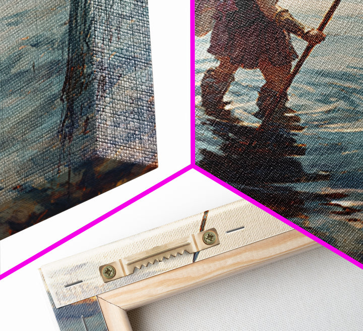 Solitary Warrior Wading Through Water Wall Art, Roman Spearman Landscape, Coastal Blue Canvas Print For Living Room Decor
