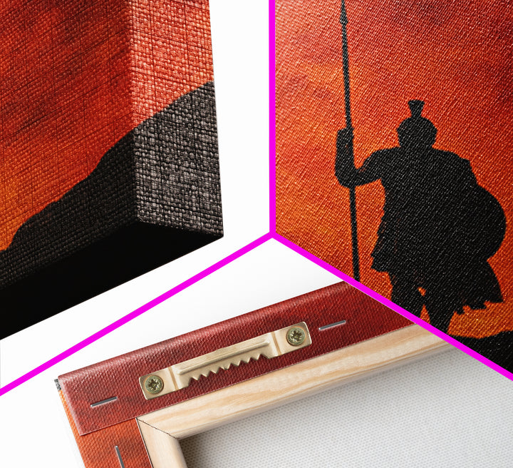 Spartan Silhouette With Spear At Red Sunset Framed Canvas Print, Greek Wall Art, Mythological Art, Dramatic Wall Decor, Gift For Him