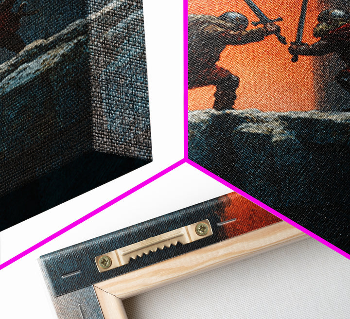 Cliffside Sword Duel Wall Art, Medieval Warriors Battle At Sunset, Dark Fantasy Canvas Print For Game Room And Office Decor
