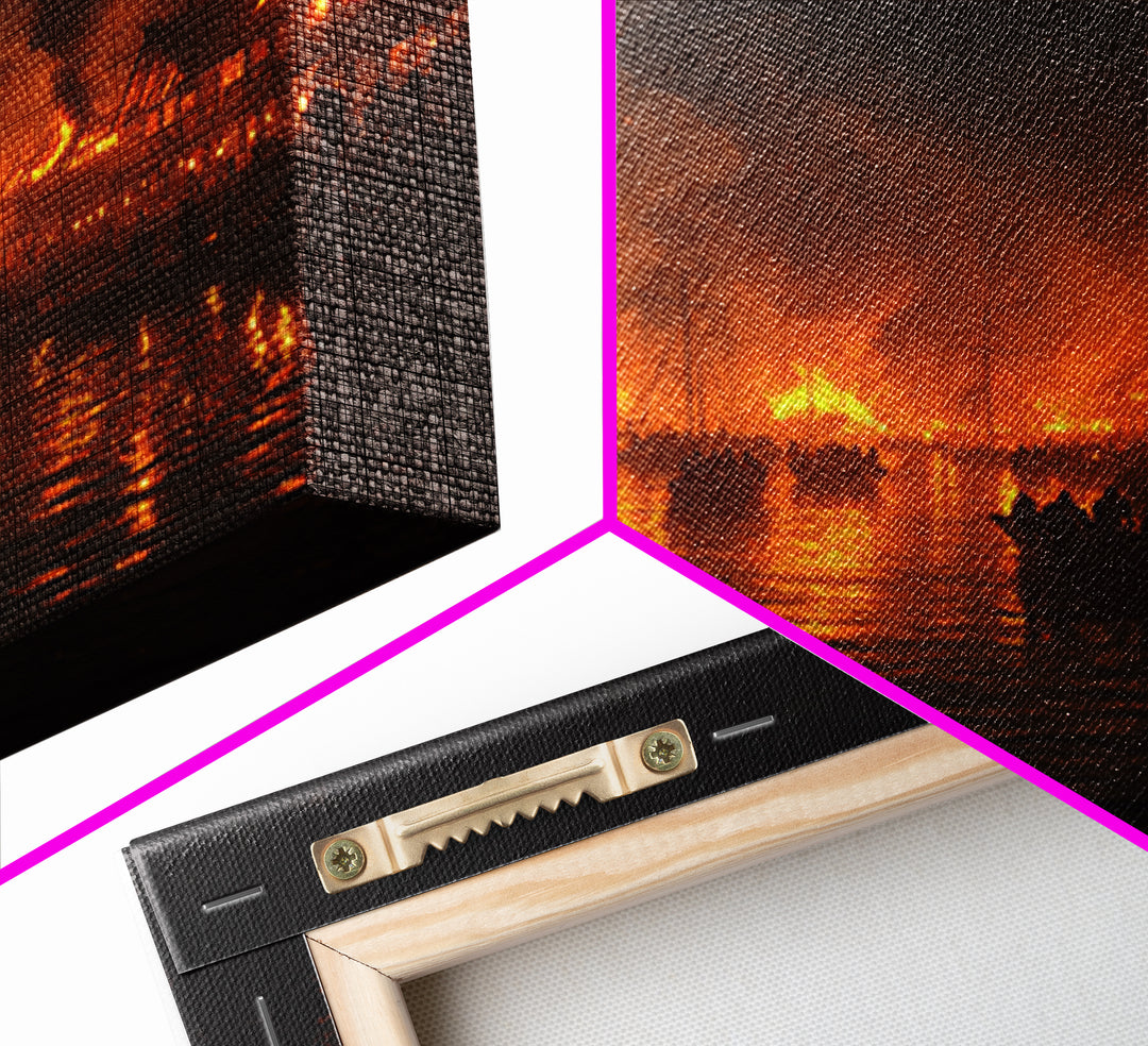 Burning Medieval Harbor And Viking Ships Wall Art, Dark Fantasy Fire Painting, Dramatic Historical Canvas Home Decor, Luxury Wall Decor