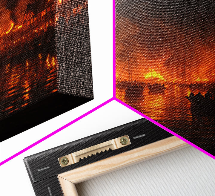 Burning Medieval Harbor And Viking Ships Wall Art, Dark Fantasy Fire Painting, Dramatic Historical Canvas Home Decor, Luxury Wall Decor