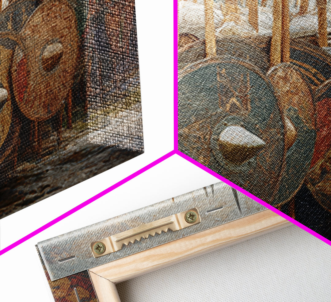 Ancient Shield Wall With Spears Canvas Print, Greek Hoplite Army Wall Art, Historical Battle Decor, Textured Oil Painting