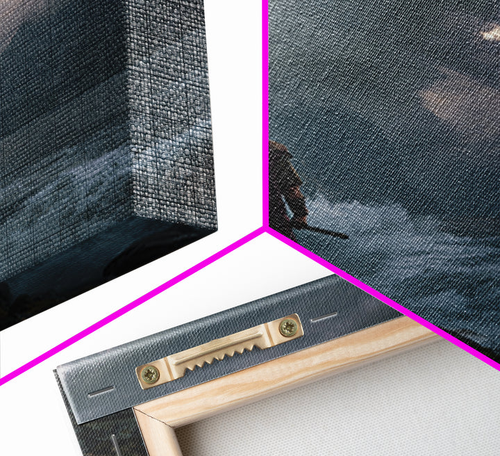 Viking Warrior Over Stormy Fjord Wall Art, Nordic Landscape Canvas Print, Moody Seascape, Nautical Decor, Gift For Him, Coastal Wall Art