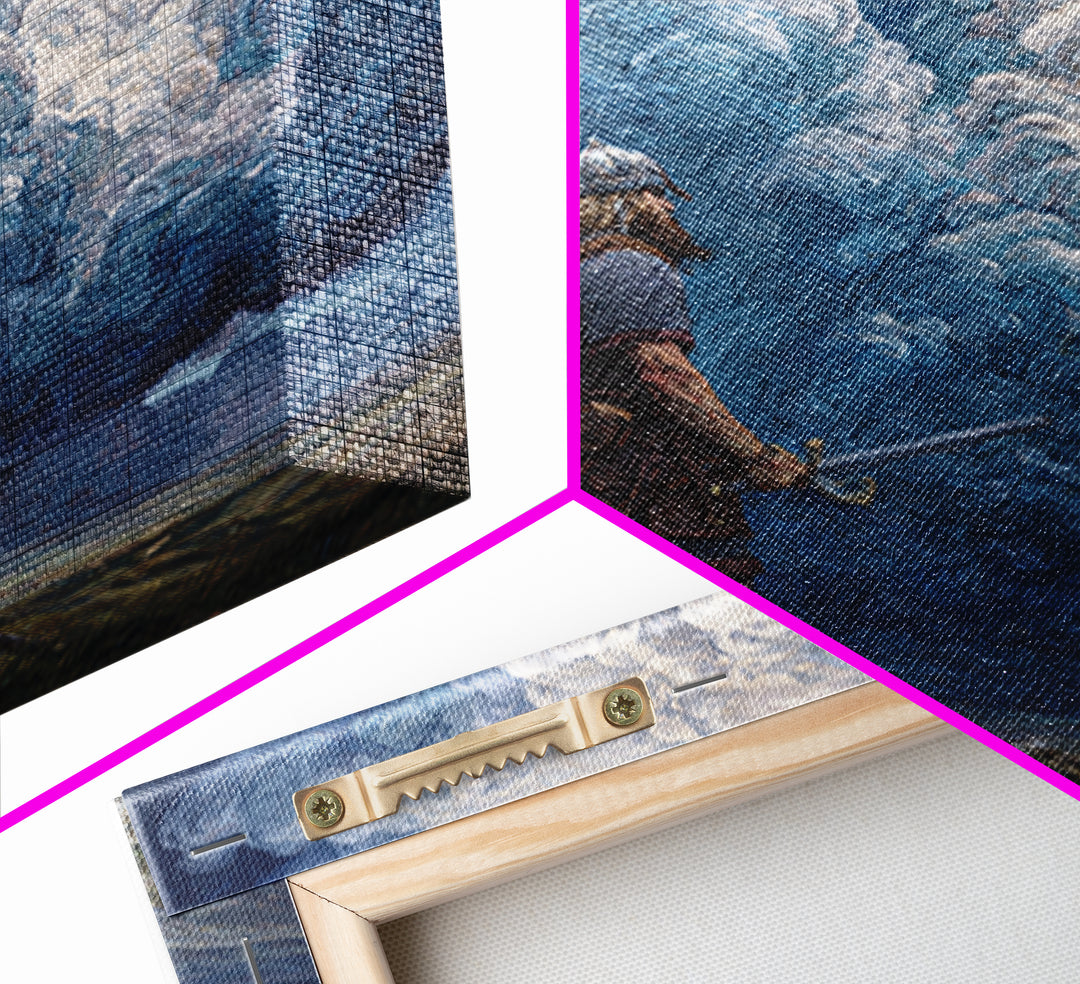 Viking Warrior Beneath Storm Clouds Wall Art, Nordic Fantasy Landscape, Dramatic Blue Canvas Print, Masculine Rustic Decor