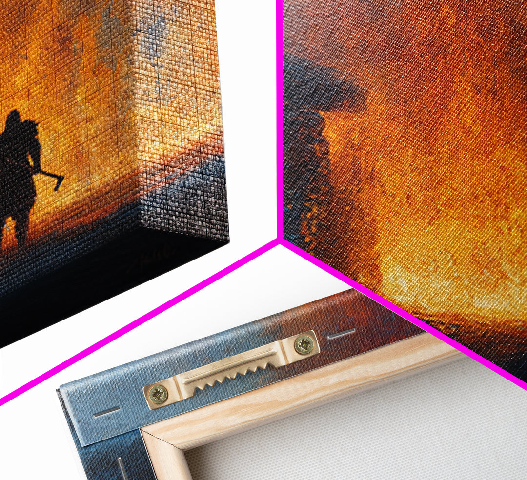 Lone Warrior Before Blazing Hall Wall Art, Dark Fantasy Fire Painting, Medieval Battle Decor, Moody Canvas Art Gift For Him