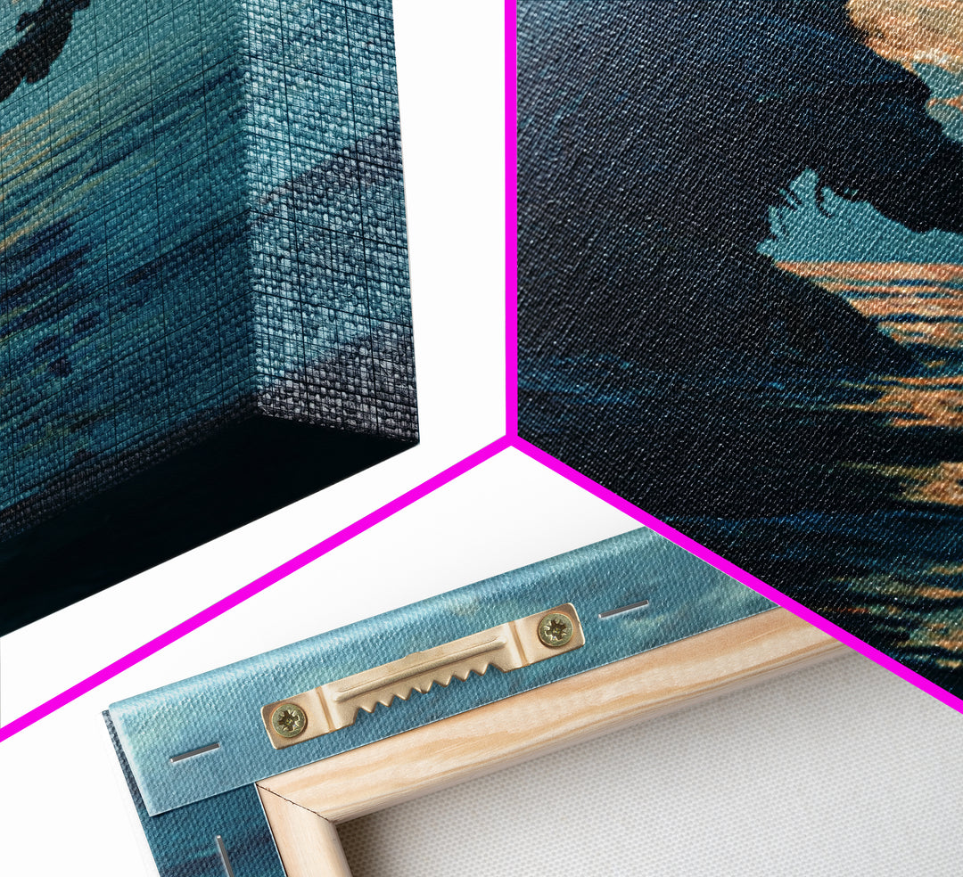 Lone Warrior Rising From The Sea Wall Art, Blue Ocean Sword Painting, Mythic Coastal Canvas Print For Dramatic Living Room Decor