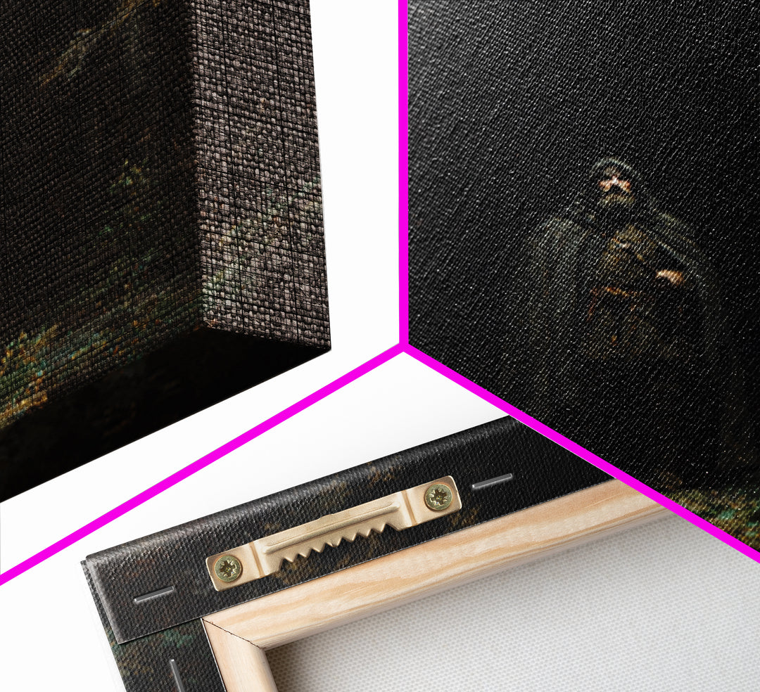 Hooded Wanderer In Dark Forest Wall Art, Raven Gothic Landscape Painting, Moody Fantasy Canvas Print For Dark Academia Decor